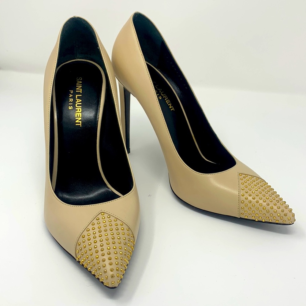 Beige and gold stud Saint Laurent Paris heels.